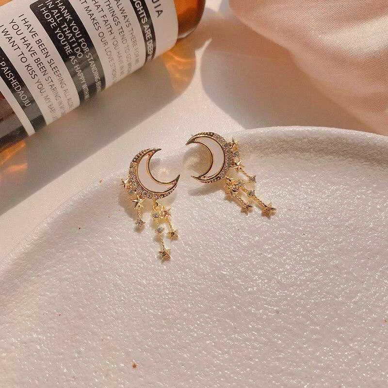 Dangle Chandelier Korean Fashion Moon Earrings for Women Classic Zircon Tassel Star Drop Dangle Stud Earring Party Jewelry Gift Pendientes Mujer
