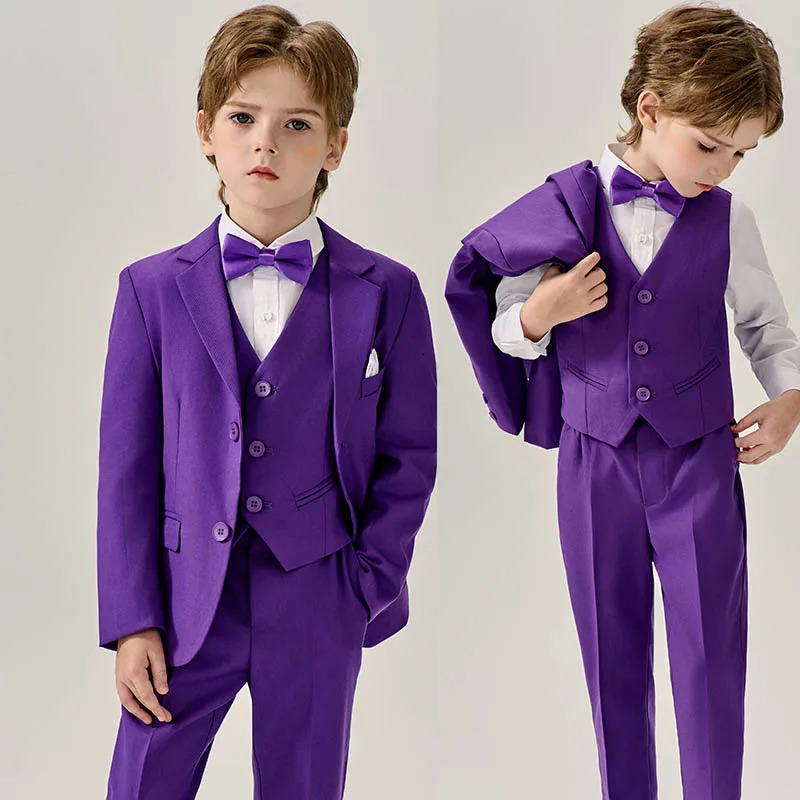 Boys Purple Jakcet Vest Pants Bowtie Evening Party Dress Children Wedding Pograph Suit Kids Ceremony Performance Costume 240626