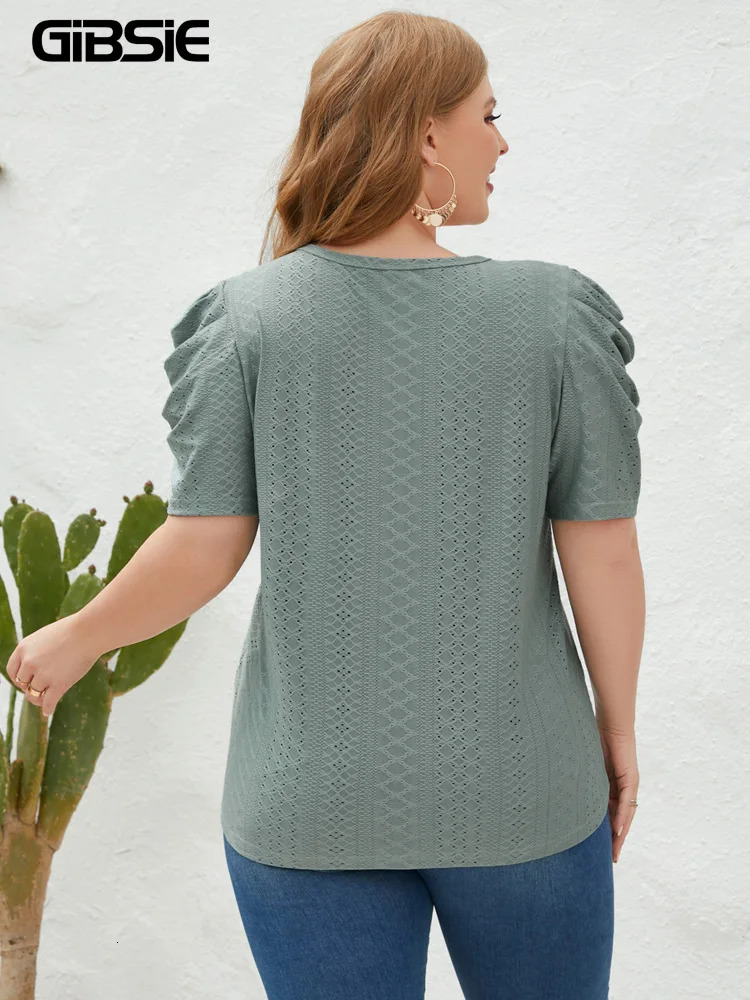 GIBSIE Plus Size Solid ONeck Leg of Mutton Sleeve Blouse Women Fashion Summer Office Casual Womens Blouses Tops 240617