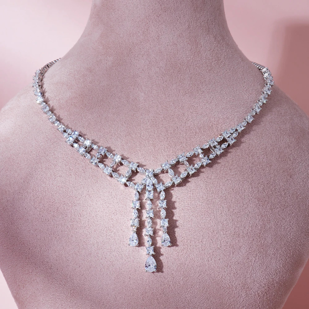 INJEWELIFE Tassel Pendant Necklace and Earrings For Womens Trendy Cubic Zirconia Jewelry Set Dubai Saudi Party Bridal Jewellery 240627