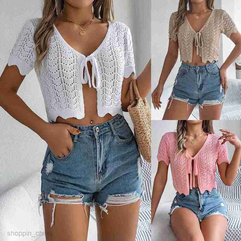 Women's T Shirt Summer Lace up Hollow Short Sleeve Knitted Cardigan Holiday Naked Sun Protection Shirt Women's Wear tees