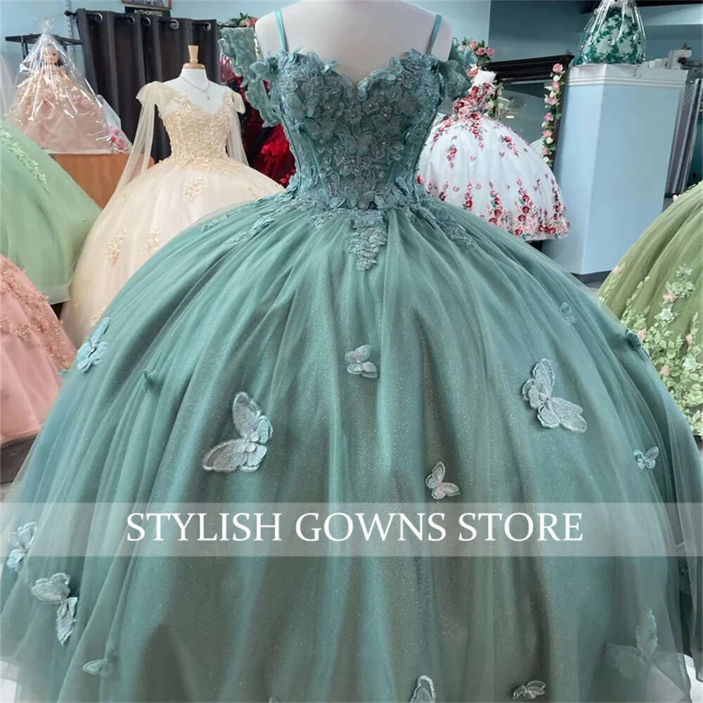 Mexico Green Sweetheart Quinceanera Ball Beaded Appliques Birtdhday Party Gown Elegant Butterfly Graduation Dress 0627