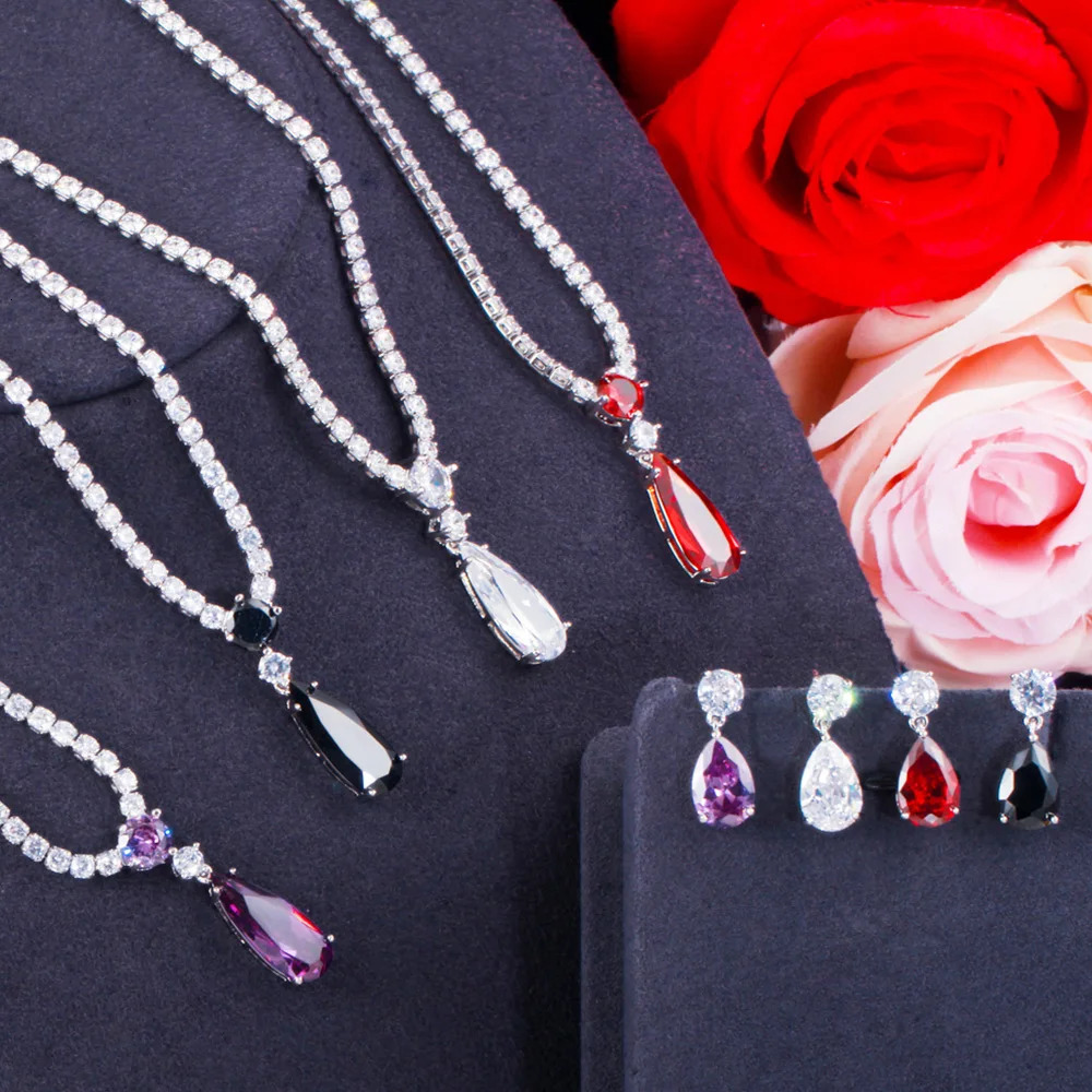 Pera Trendy Mystic Purple CZ Crystal Water Drop Pendant Necklace and Earrings Bridal Wedding Jewelry Sets for Brides Party J429 240627