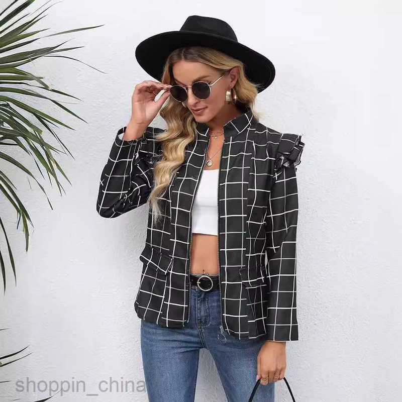 fashion Women Jackets Coats Women's autumn and winter printed zippered round neck long sleeved jacket