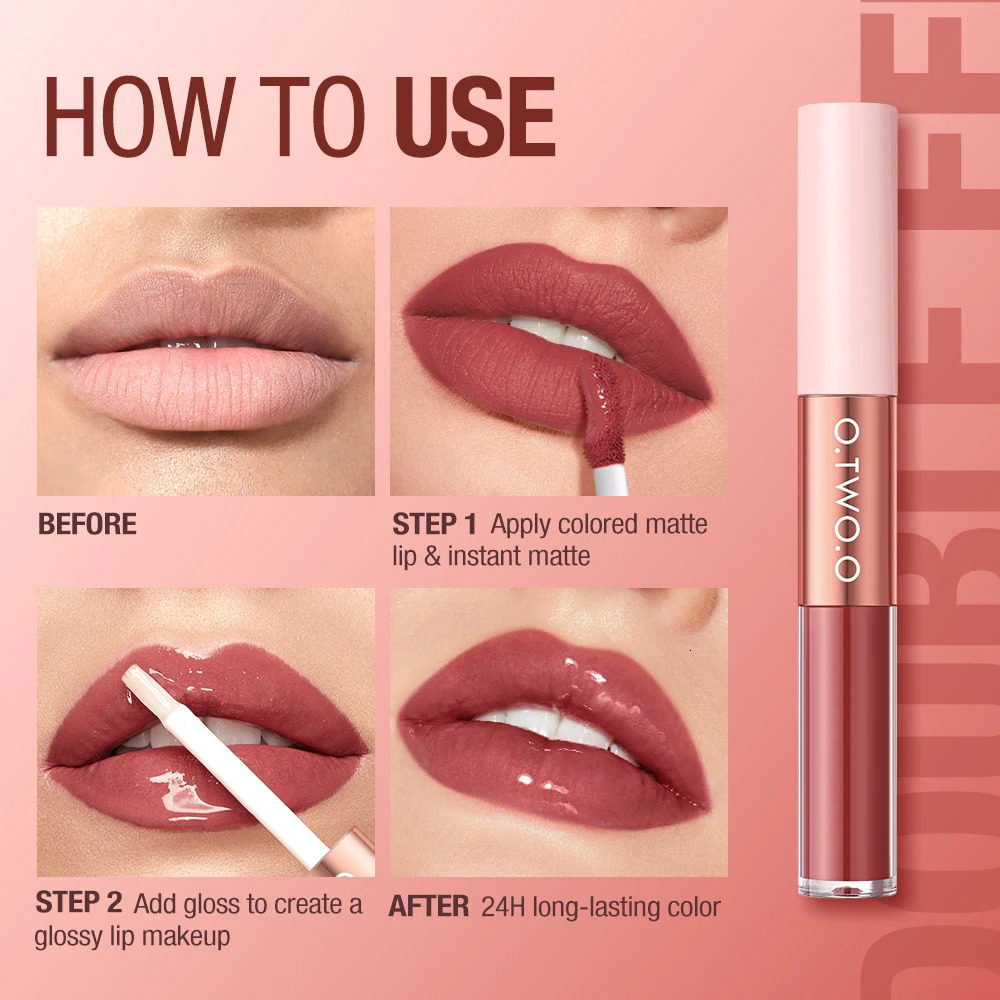 Matte Lipstick Double Head Lip Coat 24HR Non-stick Cup Lip Gloss Tint Plumper Long Lasting Waterproof Lipstick Makeup 240713