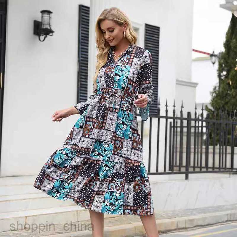 Basic Casual Dresses Women Dress Women's autumn and winter print lace up medium length long-sleeved dress