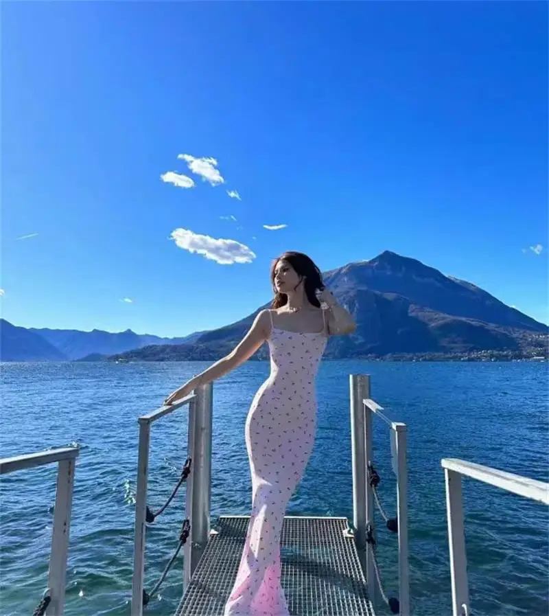 Kardashians Valentines Day Pink Cherry Full Sky Star Print Sling Dress Womens Long Skirt 240627