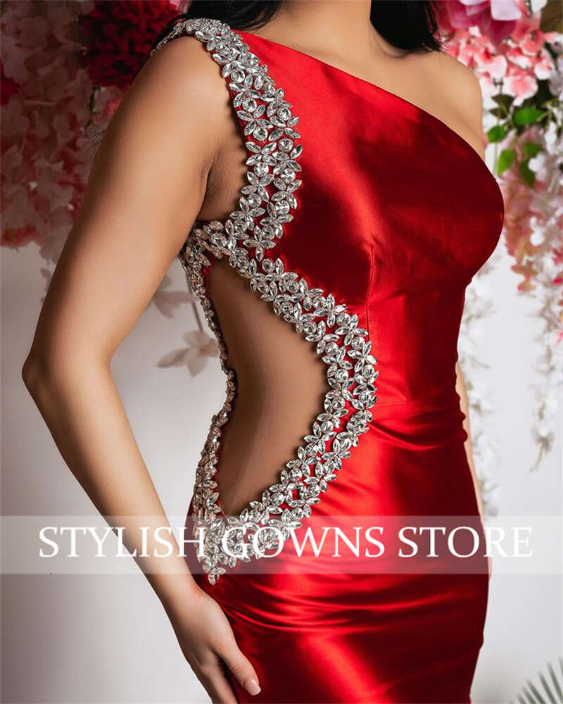 Red One Shoulder Short Prom Crystal Beading Rhies Birthday Tail Dress Cut Out Senior Homecoming Party 0914