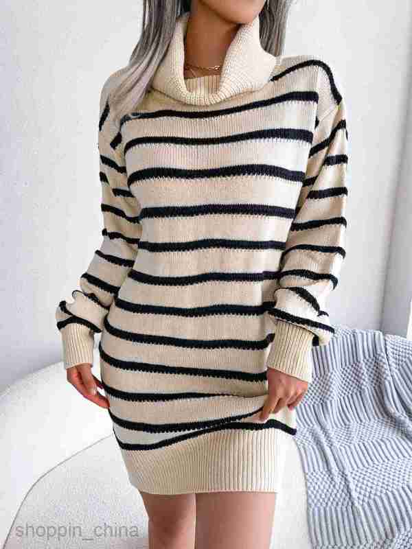 Women Casual Dresses fashion dress Autumn and winter casual high collar striped long sleeve bottomed wool dress for women
