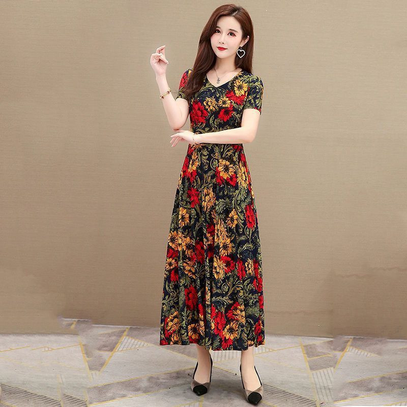 loose and elegant dress for women's new style for mothers, slim decoration, printed long skirt