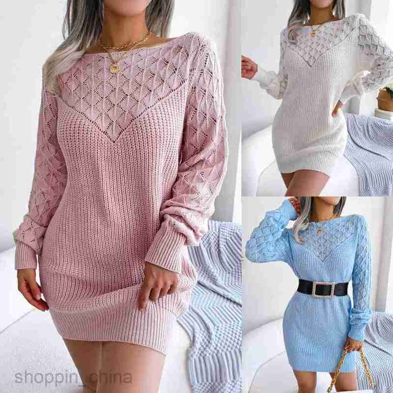Women Casual Dresses fashion dress style autumn and winter fashion hollow out line neck long sleeve Pullover wool dress