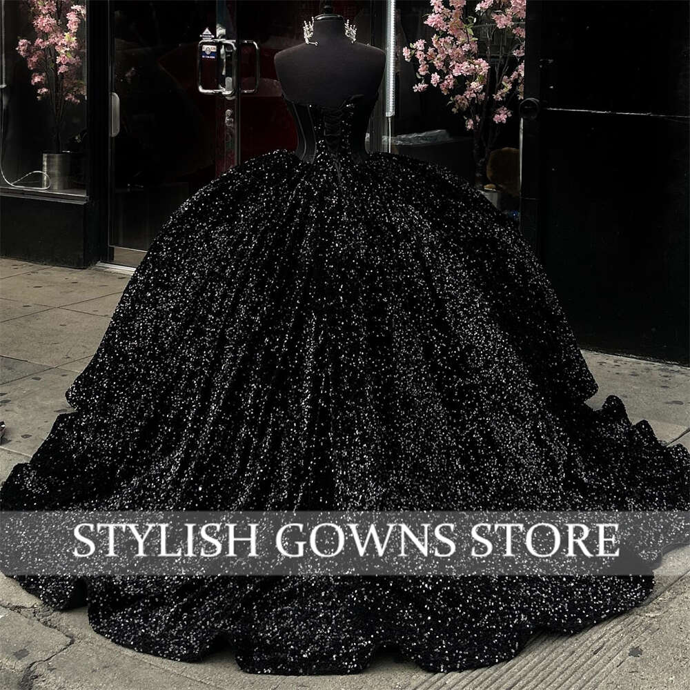 Black Sequined Sweetheart Ball Gown Quinceanera Dress For Girls Crystal Beaded Birthday Party Gowns Prom Dresses Robe De Bal 0914