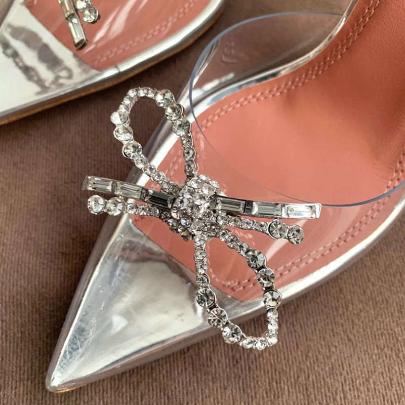 2024 Style Bowknot Pointed Sandals Female Fairy Wind Net Red Crystal Transparent Rhinestone Stiletto High Heels Kq8