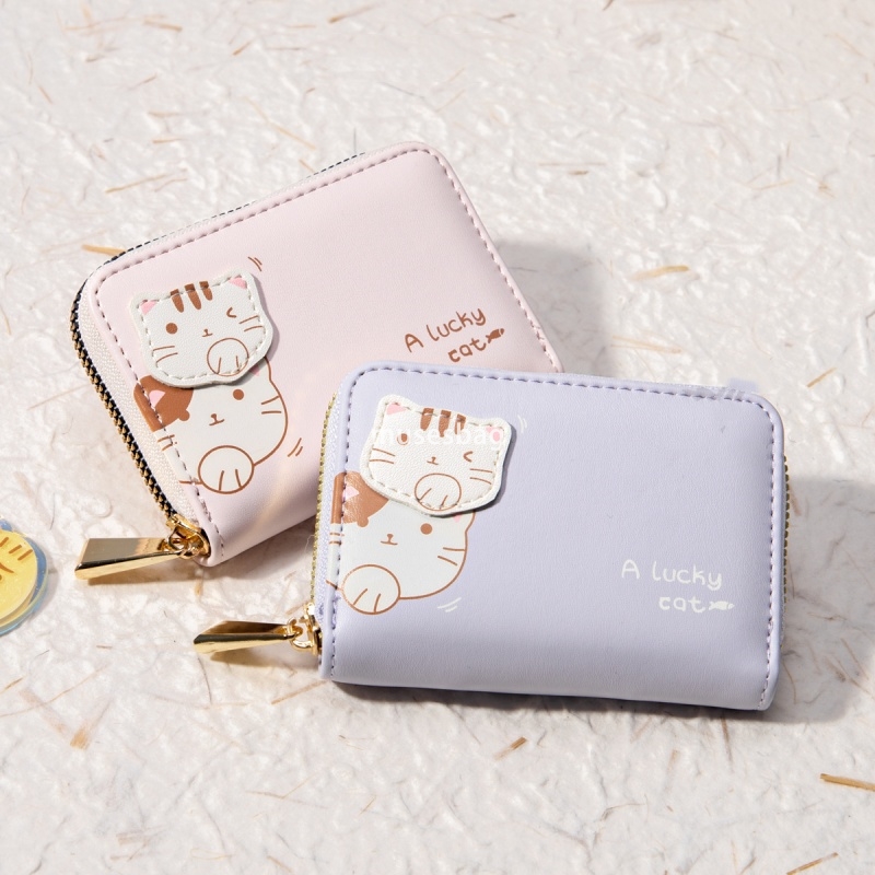 Fashionable women's classic retro new zipper mini cute Lucky cat avatar temperament multifunctional multi card slot women's organ PU card ba