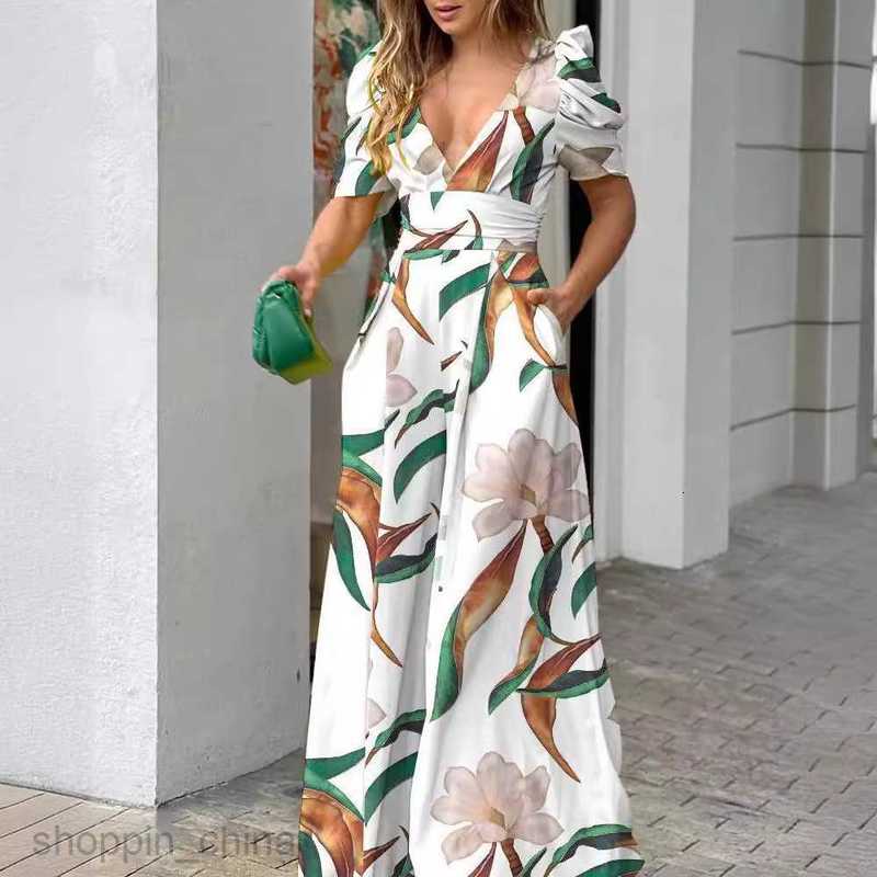 Basic Casual Dresses Women Dress Women's printed V-neck waistband long pants short sleeved jumpsuit
