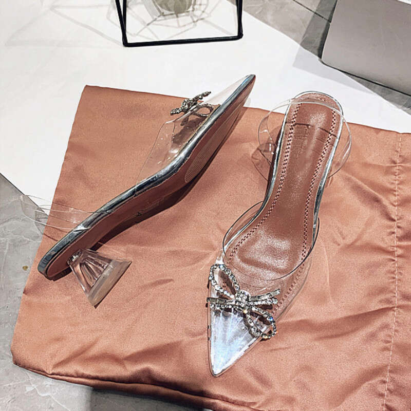 2024 Style Bowknot Pointed Sandals Female Fairy Wind Net Red Crystal Transparent Rhinestone Stiletto High Heels Kq8