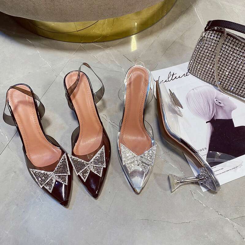 2024 Crystal High Heels Women Rhinestone Bow Pointed Toe Transparent Stiletto Sandals Kq8