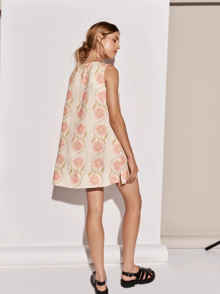 Elegant Flower Print Linen Split Mini Dress Women Fashion O Neck Sleeveless Short Dresses Summer Lady Holiday Robes 240627