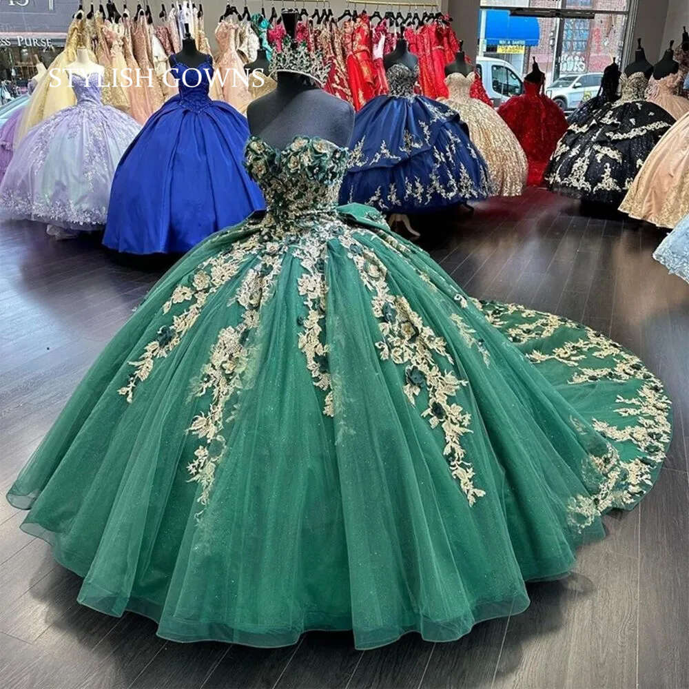 Mexico Green Sweetheart Quinceanera Dress Beaded Princess 3D Wer Ball Gown For Sweet 16 Applique Birthday Party Prom Dresses