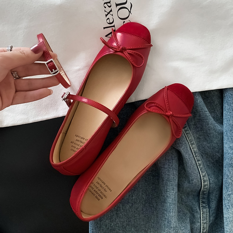 Straight with little red shoes bow shallow single shoes women's spring 2024 new flat Mary Jane ballet shoes