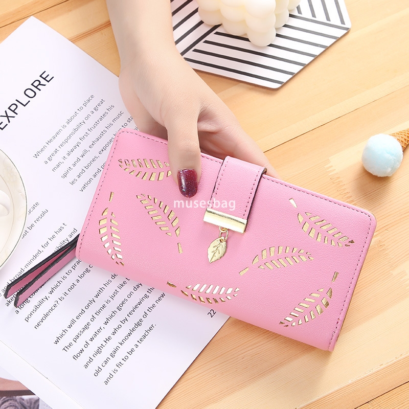 Korean women's high-end feeling new temperament versatile wallet long fashionable handbag hollowed out leaf zipper buckle practical multifunction