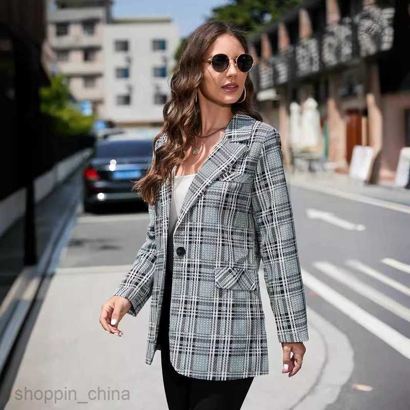 fashion Women Jackets Coats Women's autumn and winter plaid lapel medium long suit coat