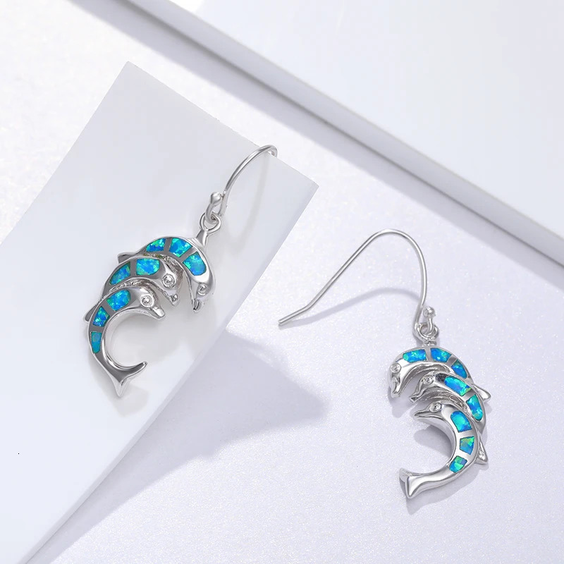 MYOP Real 925 Sterling Silver Female Cute Dolphin Drop Earrings Blue Fire Opal Stone Animal Earrings Charm Earrings For Women 240627