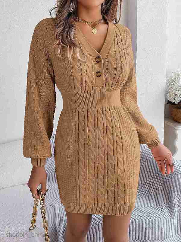 Women Casual Dresses fashion dress Autumn and winter button V-neck Fried Dough Twists lantern sleeve buttocks wool dress for women