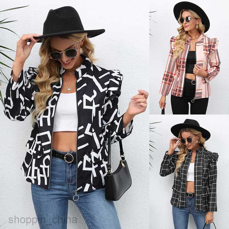 fashion Women Jackets Coats Women's autumn and winter printed zippered round neck long sleeved jacket