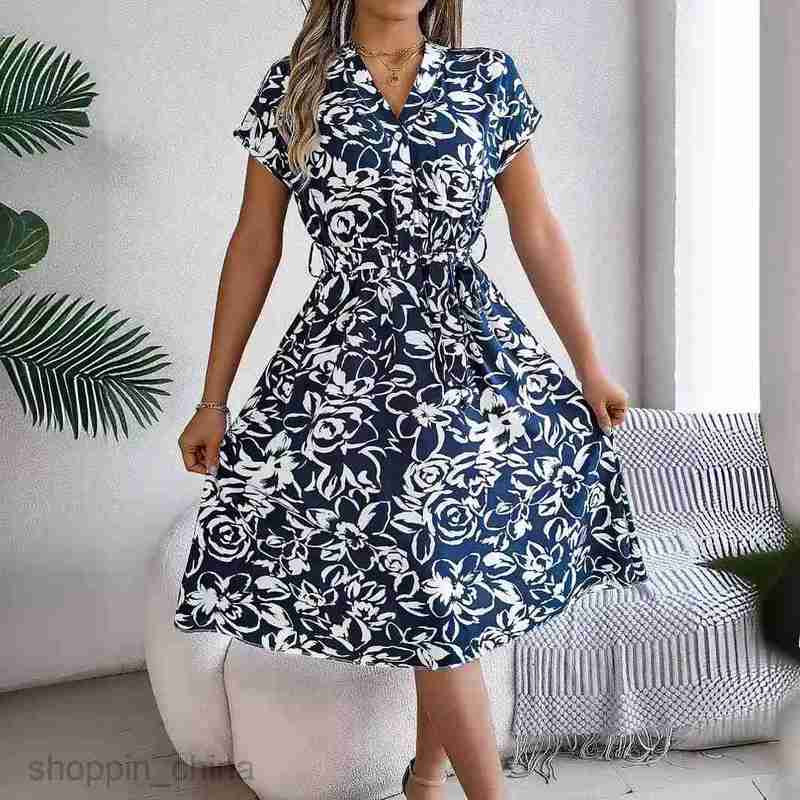 Women Casual Dresses fashion dress Spring/Summer Leisure V-neck Button Bat Sleeve Flower Flare Dress for Women