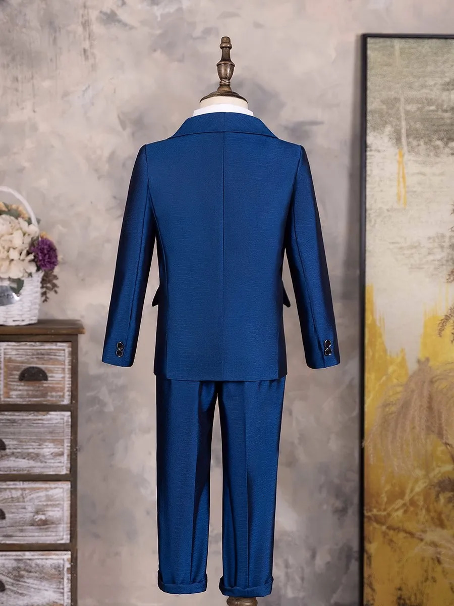 Children Shiny Blue Suit For Wedding Boys Formal Ceremony Tuxedo Dress Teenager Kids Pograph Blazer Party Performance Costume 240626