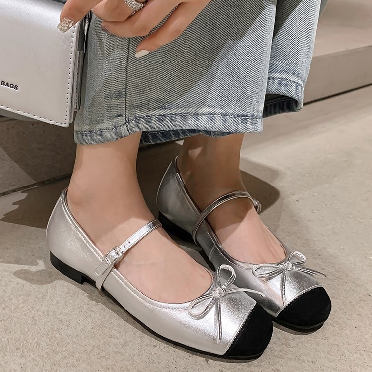 Straight with little red shoes bow shallow single shoes women's spring 2024 new flat Mary Jane ballet shoes