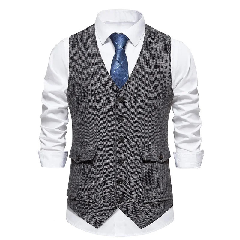 #4864 Autumn Winter Blazer Vest Men Split Joint Office Vest Male Pockets Solid Color Slim Fit Single Breasted Mens Vest Vintage 240615
