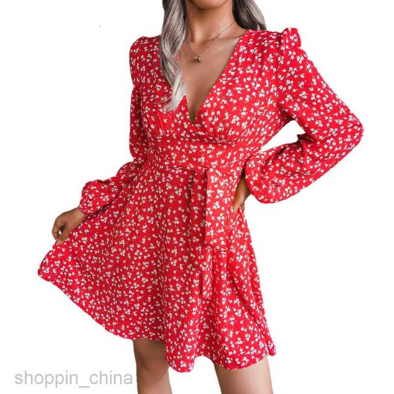 Women Casual Dresses fashion dress Spring/Summer Sexy V-neck Long sleeved Fragmented Chiffon Dress for Women