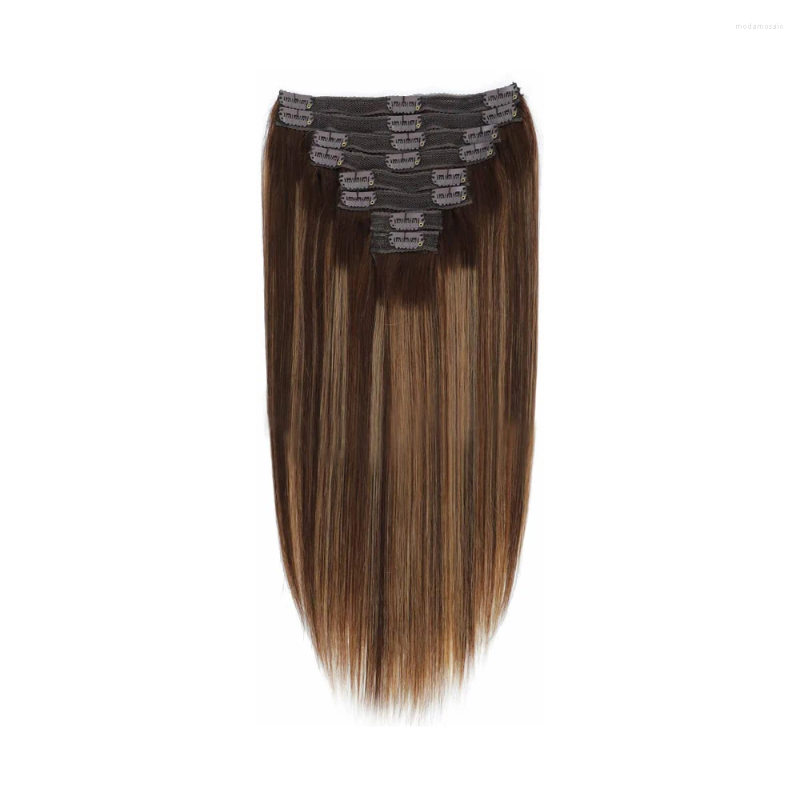 Straight Clip In Hair Extensions Human P4/27 Hairstyle Hairpiece Full Head Ins Natural With 18 Clips