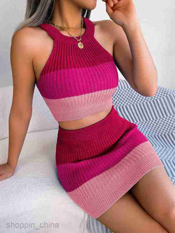 women Two Piece Dress Sets Spring/Summer Fashion Gradient Color Open Navel Top Wrapped Hip Skirt Set for Women