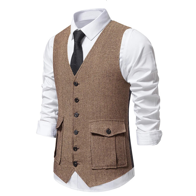 Men Suit Vest Herringbone Fabric Waistcoat Business Wedding Casual V Neck Mens Formal Party Dress Blazer Vests V12 240615
