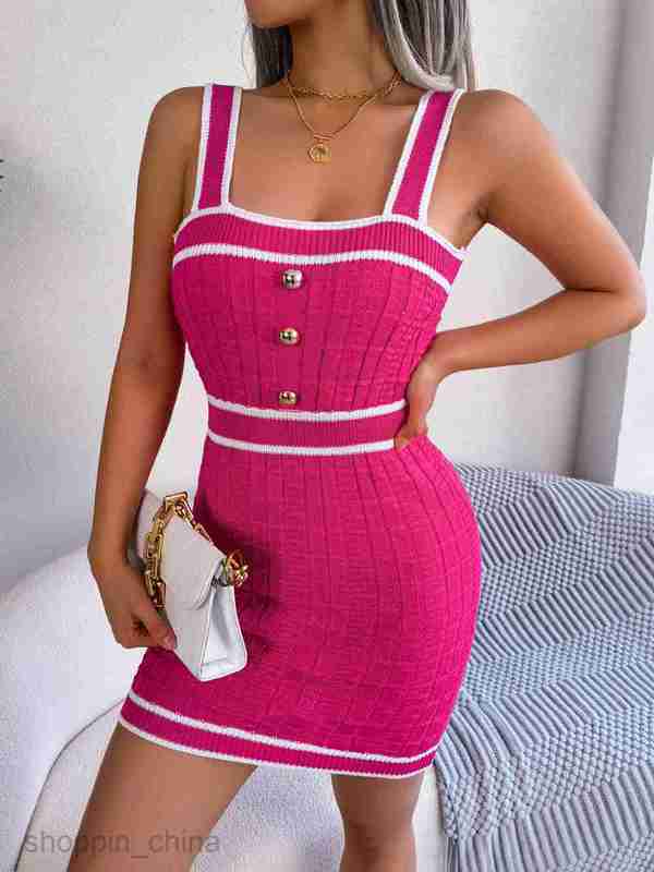 Women Casual Dresses fashion dress Spring/Summer Casual Square Neck Button Contrast Waist Knitted Wrapped Hip Skirt for Women