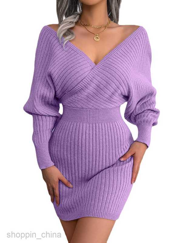 Women Casual Dresses fashion dress Autumn/Winter Sexy Cross V-Neck Bat Skirt Wrapped Hip Dress Woolen Dress Women's Wear