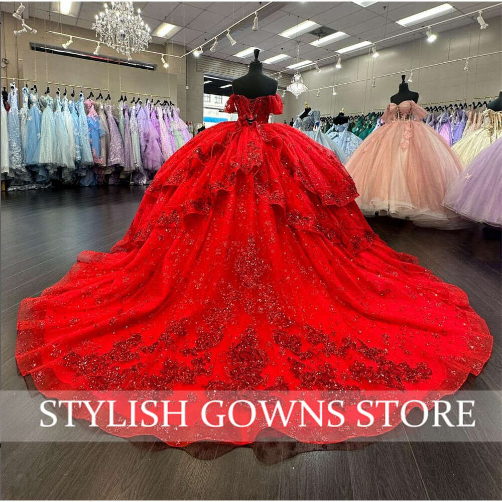 Mexico Red Off The Shoulder Quinceanera Dress Beaded Appliques Tiered Princess Ball Gown For Sweet 16 Birthday Party Robe De Bal 0627