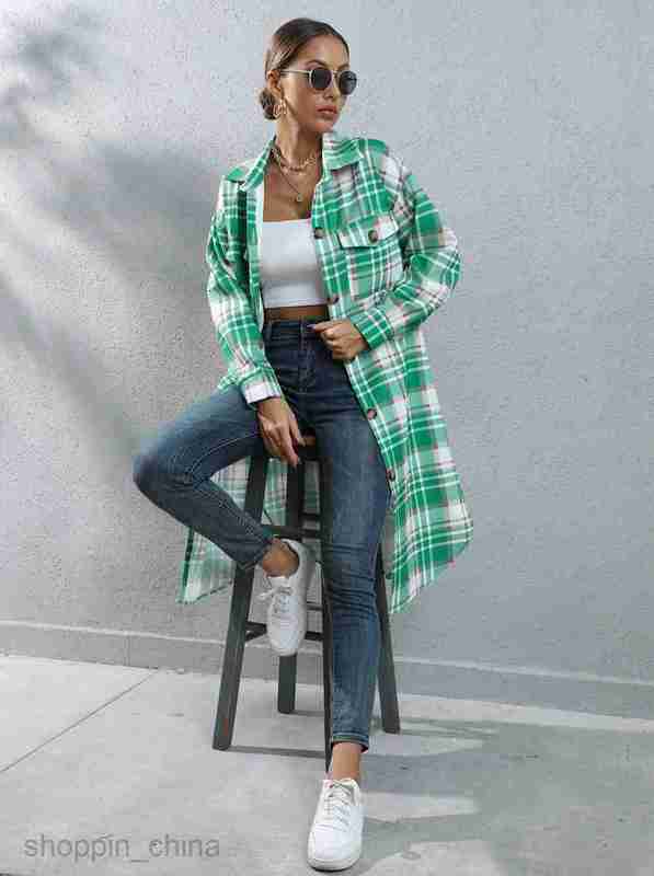 fashion Women Jackets Coats Women's autumn and winter checkered single breasted long windbreaker jacket