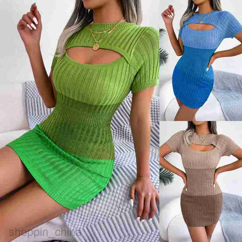 Women Casual Dresses fashion dress Spring/Summer Sexy Hollow out Gradient Color Waist Wrapped Knitted Hip Skirt for Women