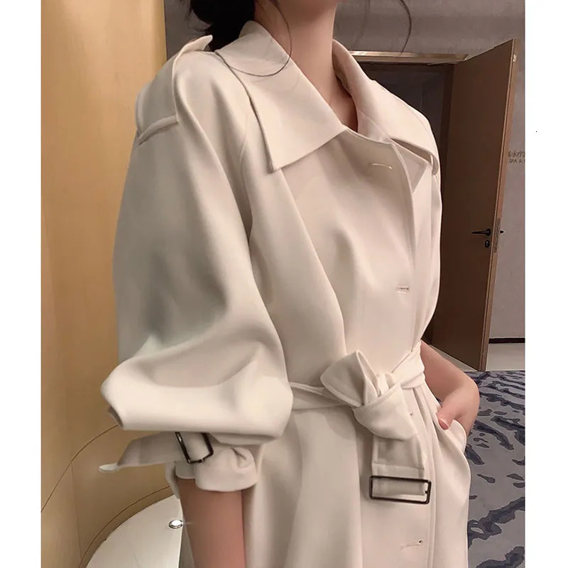 Spinrg Autumn Womens Trench Coat Long Sleeve Vintage Overcoat Lady lapel Sashes Knee Length White Outerwear Windbreaker top 240625