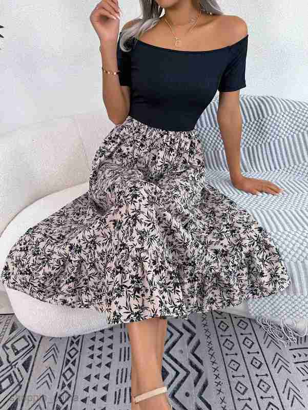 Women Casual Dresses fashion dress Spring/Summer Leisure Shoulder Flower Ruffle Edge Mid length Dress for Women