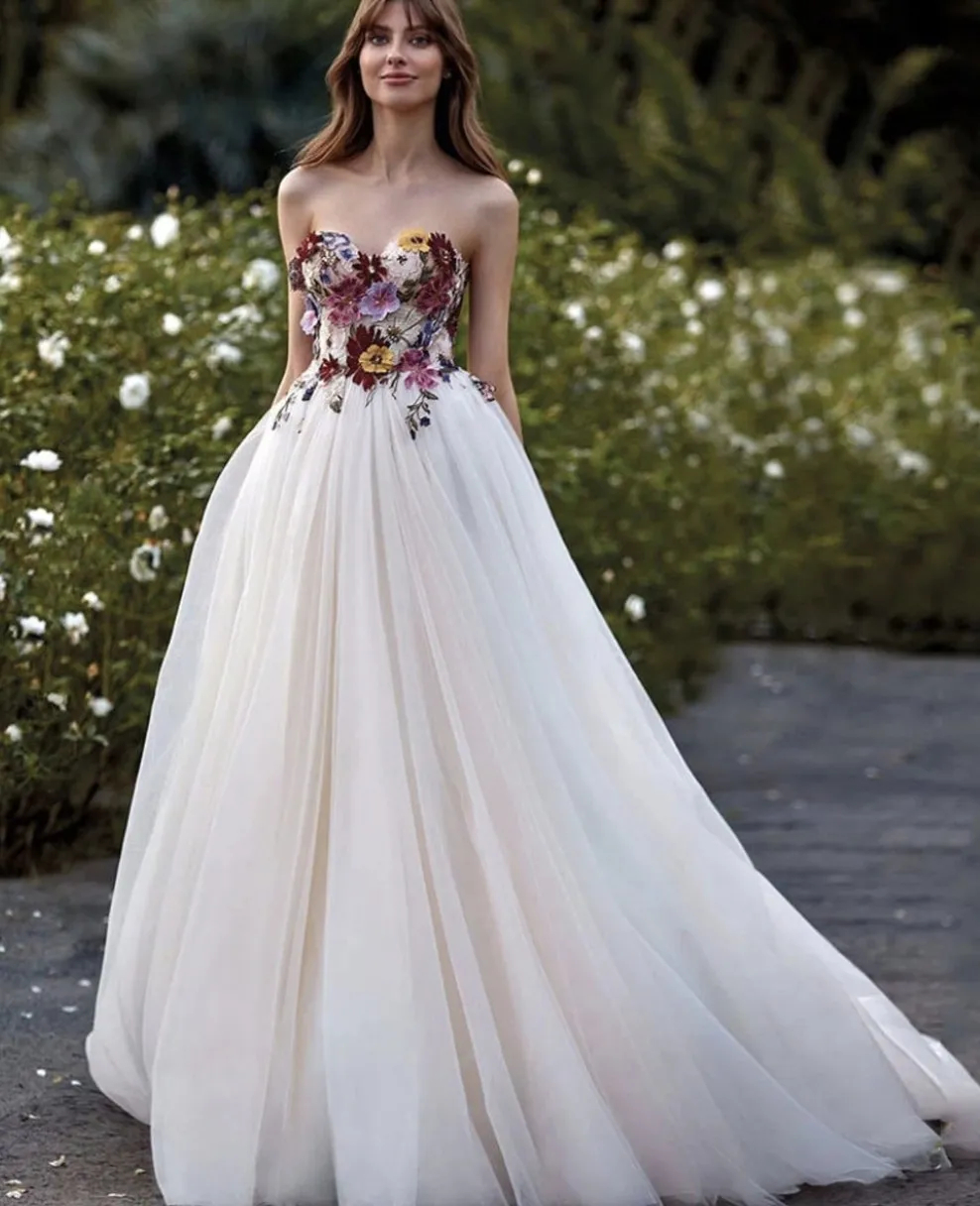 Colorful ral Lace Appliques A-e Garden Dresses Sweetheart Neck Sleeveless Long Ivory Tulle Wedding Gowns Court Train 2024 Boho Vestido De Novia