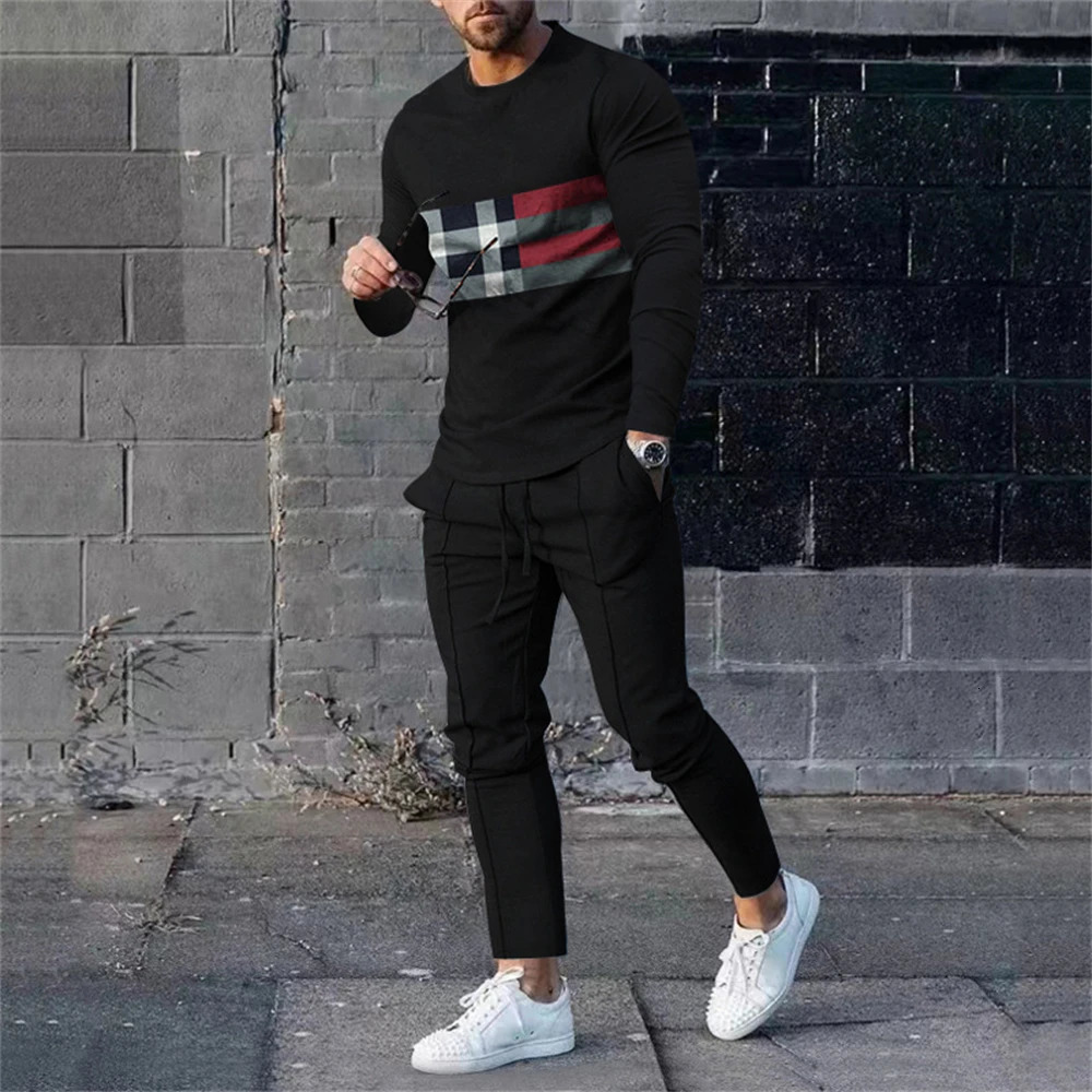 Mens Sweatshirt Sweatpants 2 Piece Sets T Shirt Pants Tracksuits O Neck Print Trousers Sportswear Suits Fashion Men Clothing 240614