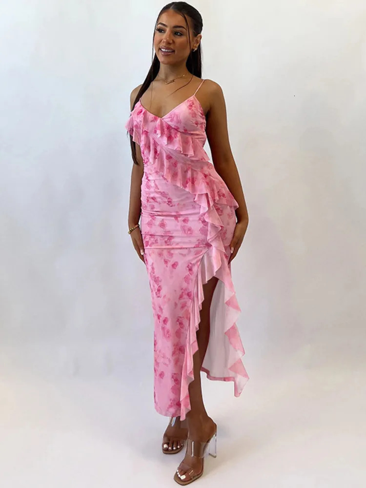 Mozision Spaghetti Strap Ruffle Long Dress Women Fashion V Neck Sleeveless High Split Dress Femme Elegant Backless Sexy Dress 240627