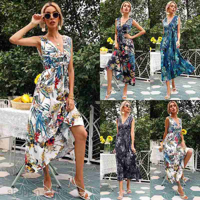 Basic Casual Dresses Women Dress Women's summer new print sexy V-neck sleeveless dress
