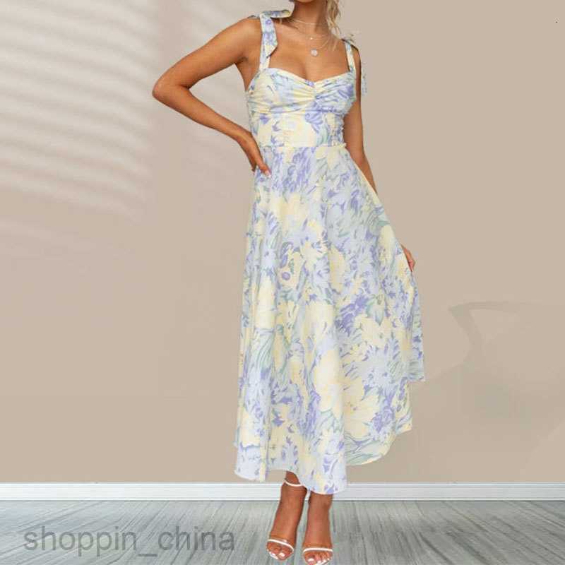 Basic Casual Dresses Women Summer Women's Slim Fit Slim Waist V-neck Hanging Strap Printed Mid length Dress for Woman