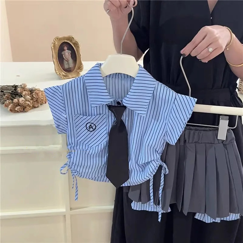 Childrens Clothing Suit Summer Girl Campus Fashionable Stripe Flying Sleeve Shirt Top Irregular Short Skirt School Uniform 240618